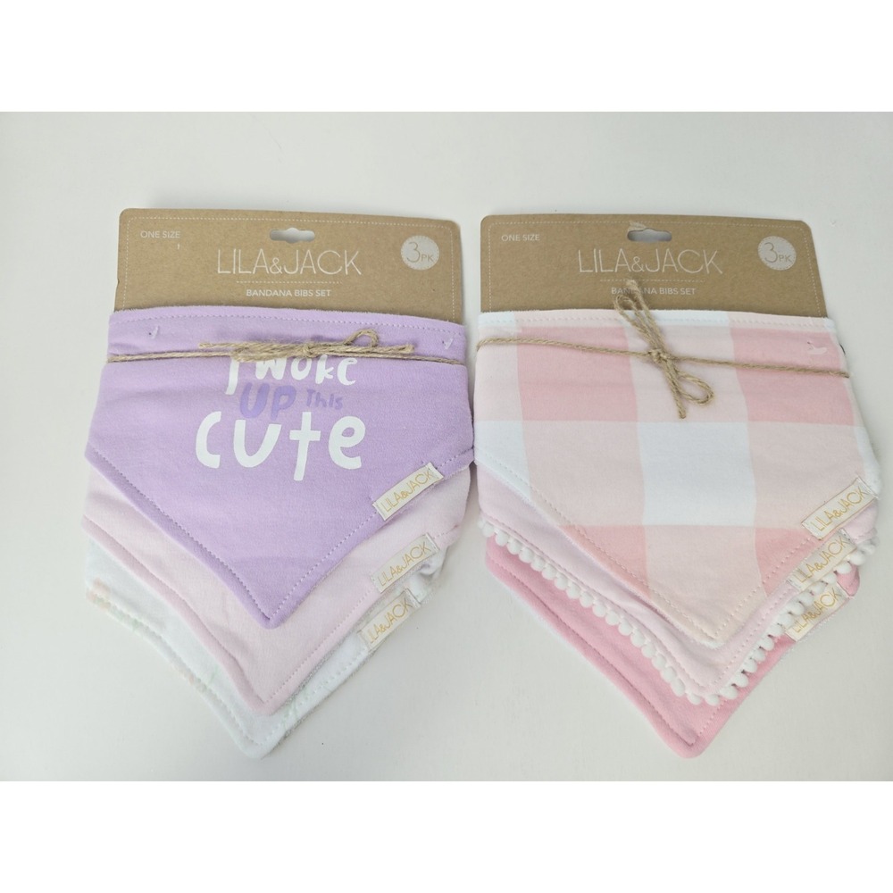 Lila & Jack Bandana Bib Set 3 pack x 2 bibs pink purple woke up this cute